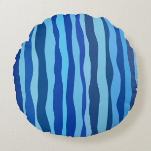 Waves of Blue Cyan Navy Cobalt Sky Blue Round Cushion