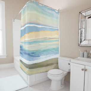 Waves of Blue   Ocean Shore Beach Watercolor Shower Curtain