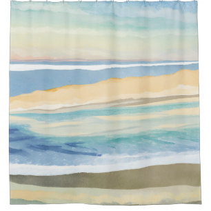 Waves of Blue Ocean Shore Beach Watercolor Shower Curtain