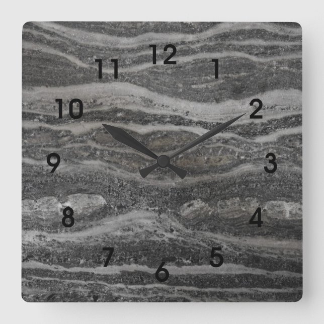 Waves of Grey Marble Black Numbers Square Wall Clock (Front)
