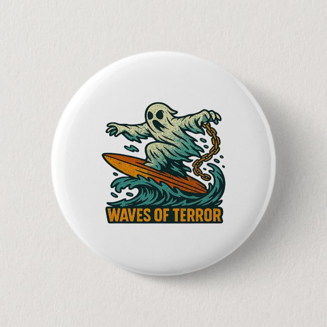 Waves Of Terror Funny Ghost Surfer Artwork Hallowe 6 Cm Round Badge (Front)