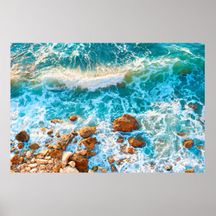 Waves on a rocky beach at sunset. Aerial viewbeach Poster