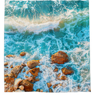 Waves on a rocky beach at sunset. Aerial viewbeach Shower Curtain