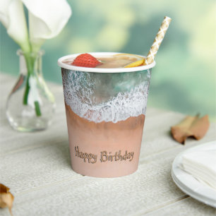 Waves on Sandy Beach Happy Birthday Paper Cups