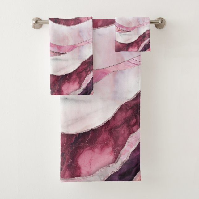 Waves - Pink Marble Abstract Bath Towel Set (Insitu)