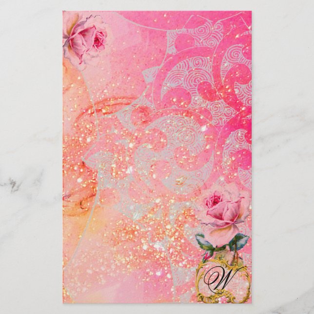 WAVES ,PINK ROSES IN GOLD SPARKLES AND SWIRLS STATIONERY (Front)