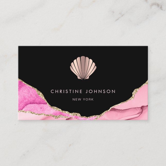 • waves pink seashell design on black business card (Front)