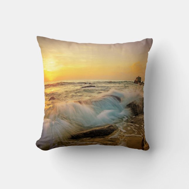WAVES & ROCKS Sunset Seascape Cushion (Front)