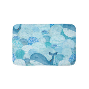 Waves, whale, childish blue texture bath mat