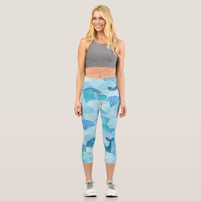 Waves, whale, childish blue texture capri leggings (Front)