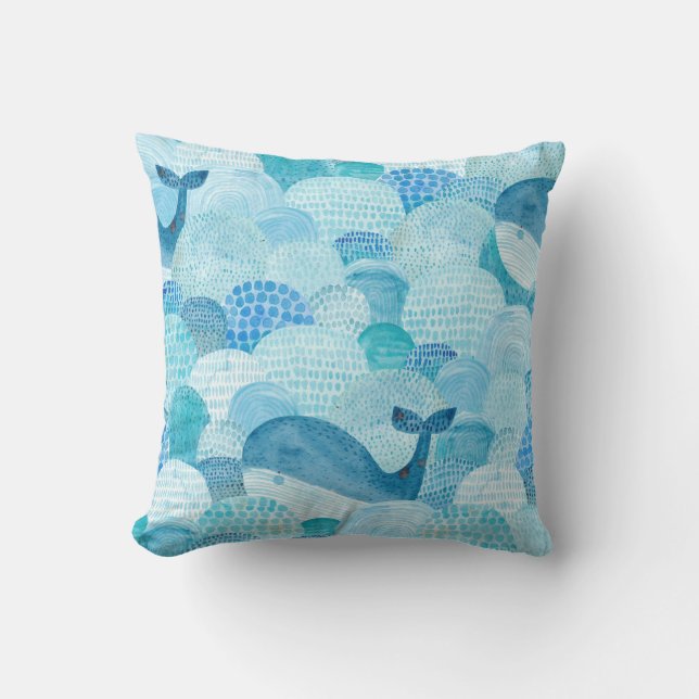 Waves, whale, childish blue texture cushion (Front)