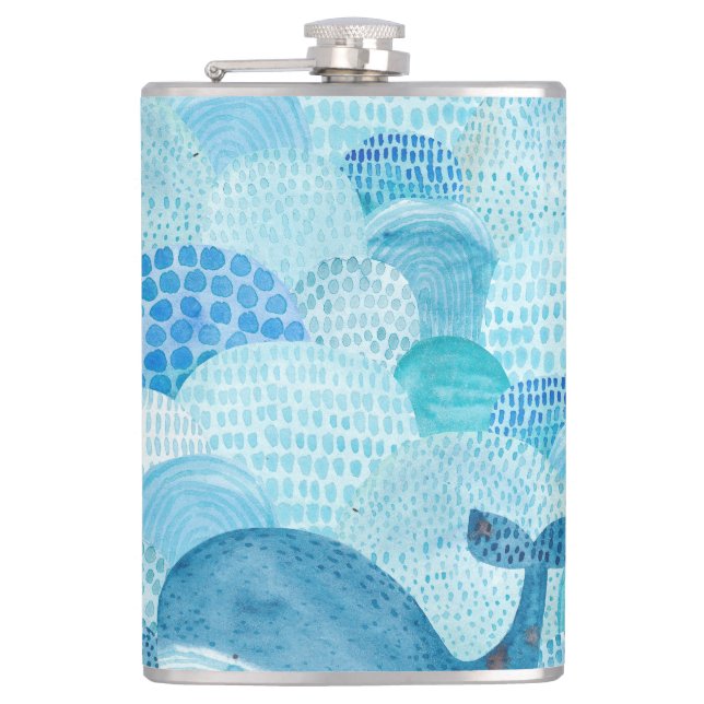 Waves, whale, childish blue texture hip flask (Front)