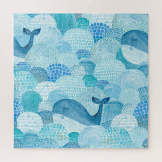 Waves, whale, childish blue texture jigsaw puzzle