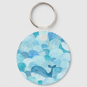 Waves, whale, childish blue texture key ring