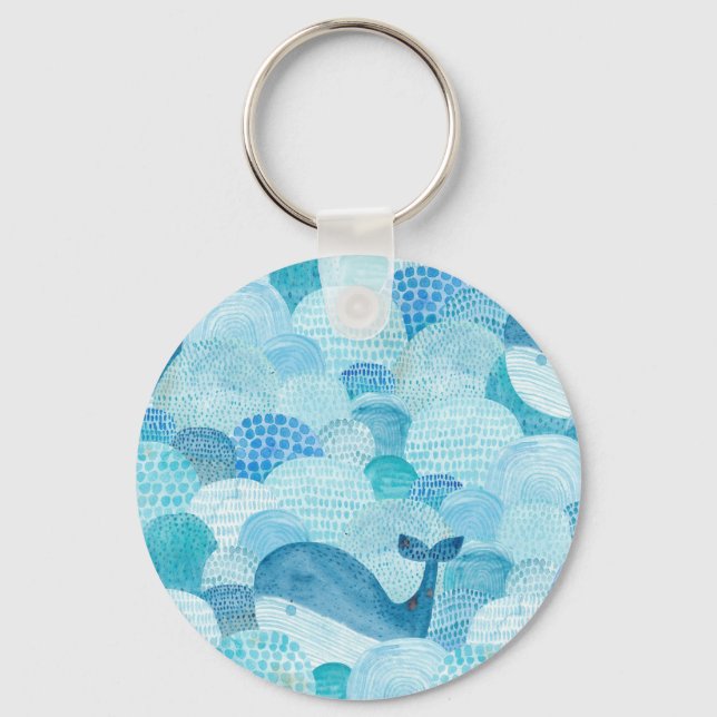 Waves, whale, childish blue texture key ring (Front)