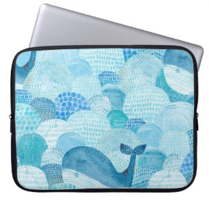 Waves, whale, childish blue texture laptop sleeve