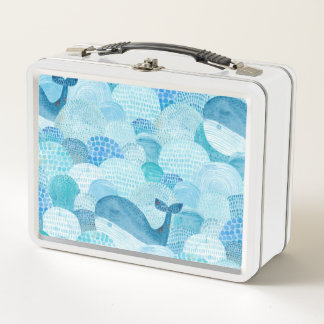 Waves, whale, childish blue texture metal lunch box