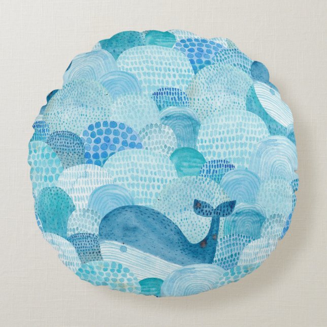 Waves, whale, childish blue texture round cushion (Front)