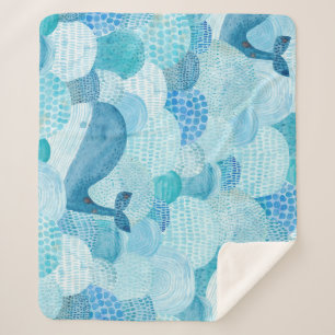 Waves, whale, childish blue texture sherpa blanket