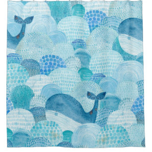 Waves, whale, childish blue texture shower curtain