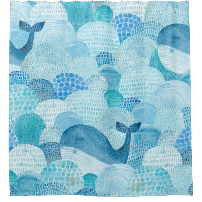 Waves, whale, childish blue texture shower curtain (Front)