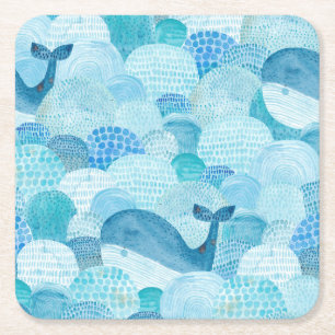 Waves, whale, childish blue texture square paper coaster