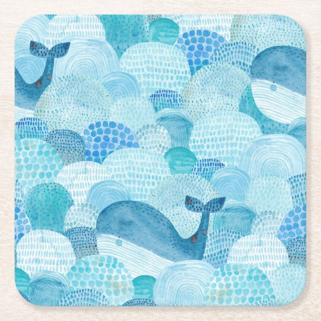 Waves, whale, childish blue texture square paper coaster (Front)