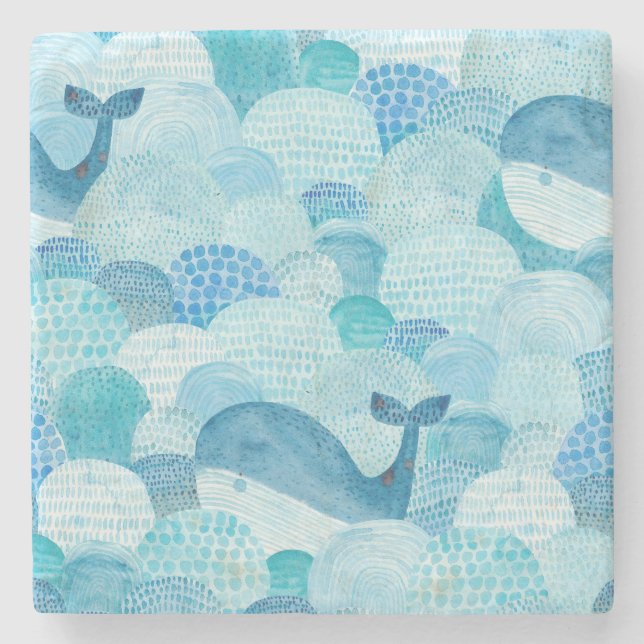 Waves, whale, childish blue texture stone coaster (Front)