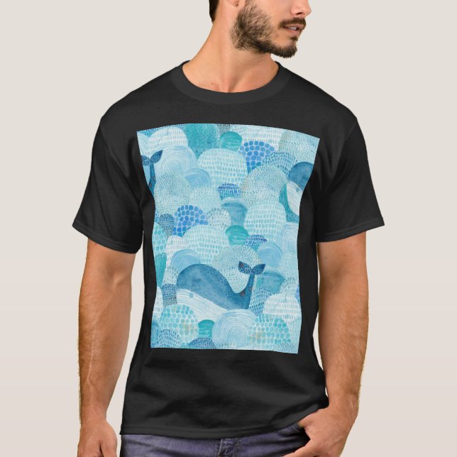 Waves, whale, childish blue texture T-Shirt (Front)