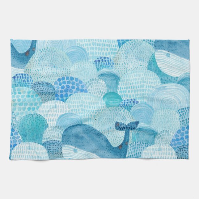 Waves, whale, childish blue texture tea towel (Horizontal)