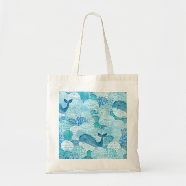 Waves, whale, childish blue texture tote bag (Front)