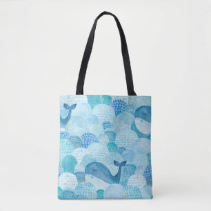 Waves, whale, childish blue texture tote bag