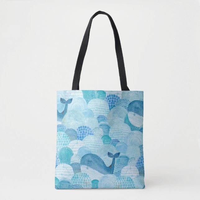 Waves, whale, childish blue texture tote bag (Front)
