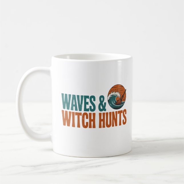 Waves & Witch Hunts Retro Bookish Beach Summer Coffee Mug (Left)