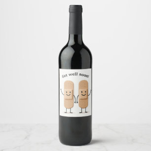 Waving Bandage Stick Figure Couple Get Well Wine Label