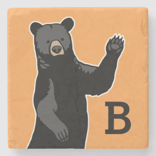 Waving Bear Says Hello, Monogrammed Stone Coaster