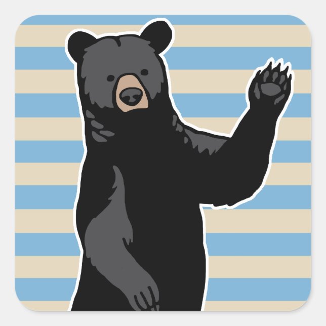 Waving Bear Says Hello, Striped Square Sticker (Front)