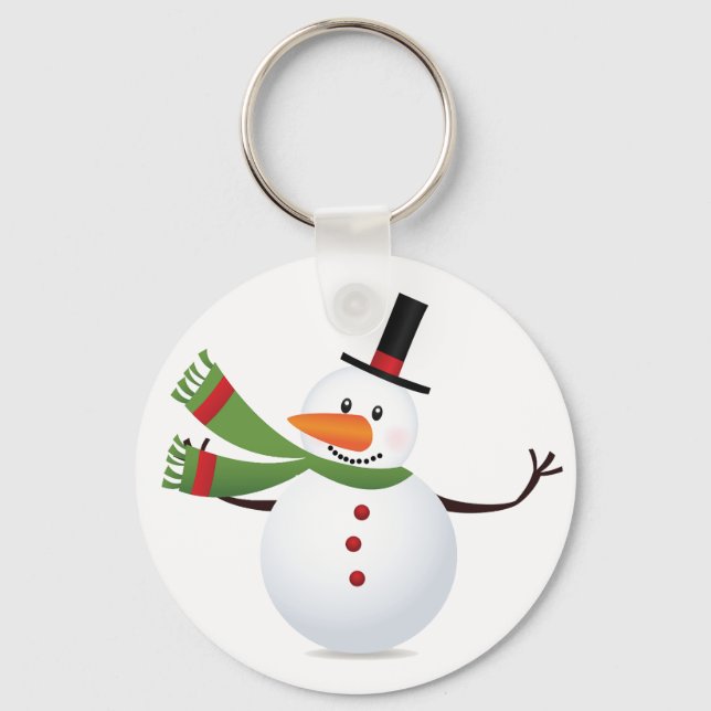 Waving Carrot Nose Snowman Button Keychain (Front)