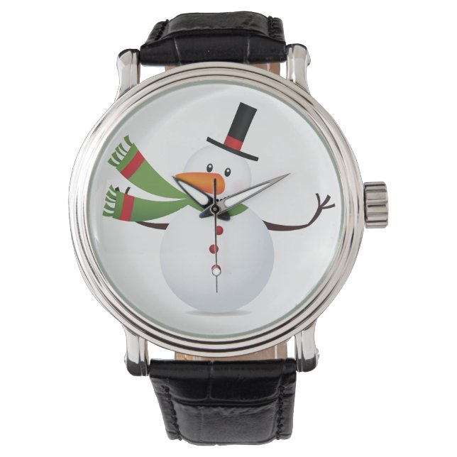 Waving Carrot Nose Snowman Vintage Leather Strap Watch (Front)