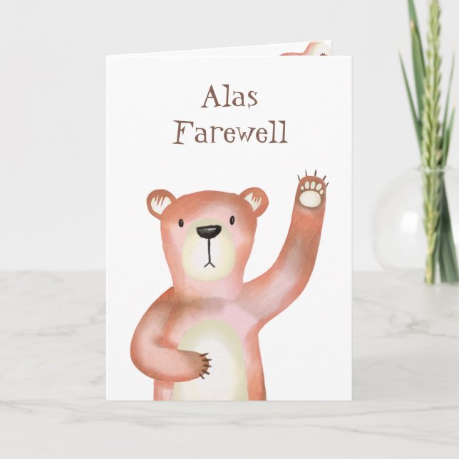 Waving Cute Watercolor Brown Teddy Bear Card (Front)