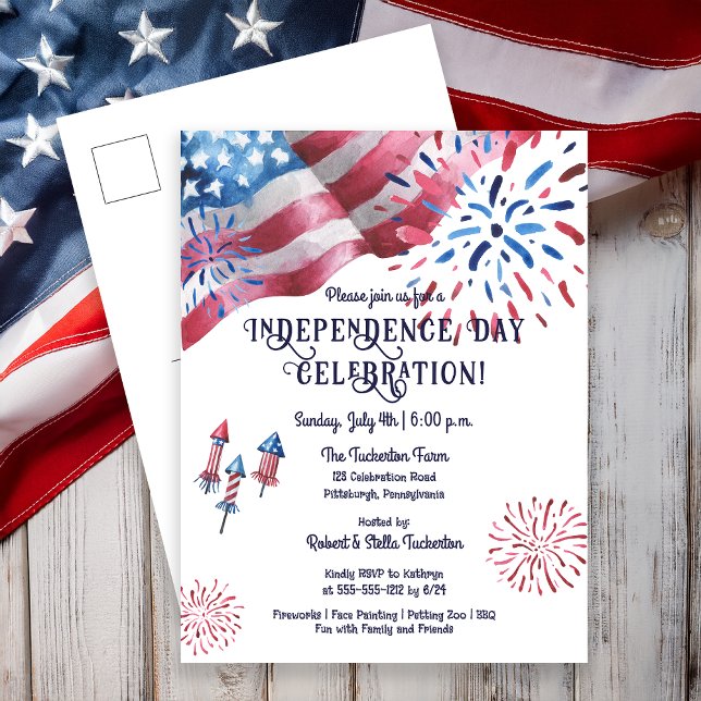 Waving Flag Fireworks Independence Day Celebration Holiday Postcard (Waving Flag Fireworks Independence Day Celebration Holiday Postcard Invitation)