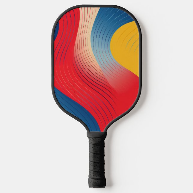 Waving forms in yellow, blue and red pickleball paddle (Front)
