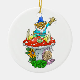 Waving gnome on a round ornament. ceramic ornament