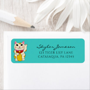 Waving Japanese Maneki Neko Cat Return Address Label