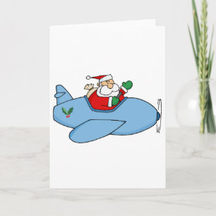 Waving Kris Kringle Flying His Christmas Plane Holiday Card