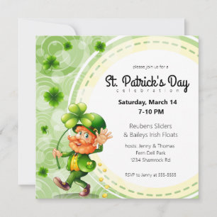 Waving Leprechaun and Shamrocks Invitation