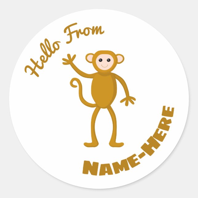 Waving Monkey Cartoon, Wild Animal Themed Classic Round Sticker (Front)