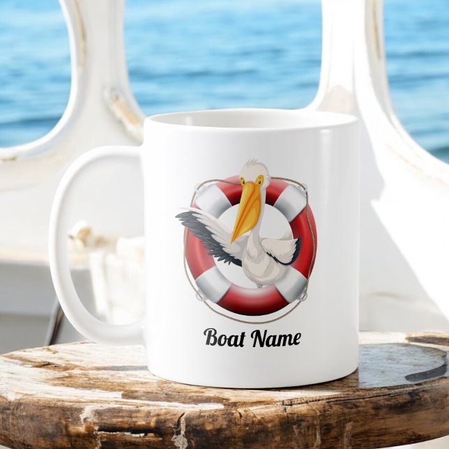 Waving Pelican in Buoy with Boat Name Coffee Mug (Creator Uploaded)