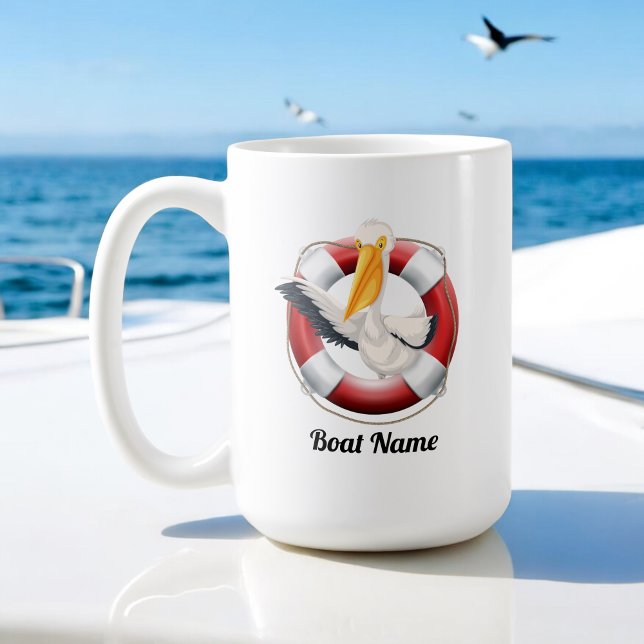 Waving Pelican in Life Buoy with Boat Name Coffee Mug (Creator Uploaded)