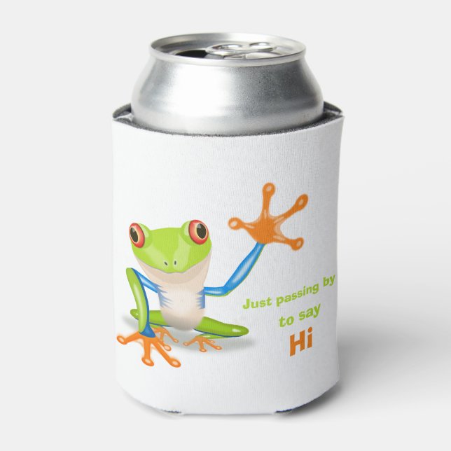 Waving red eyed tree frog illustration can cooler (Can Front)